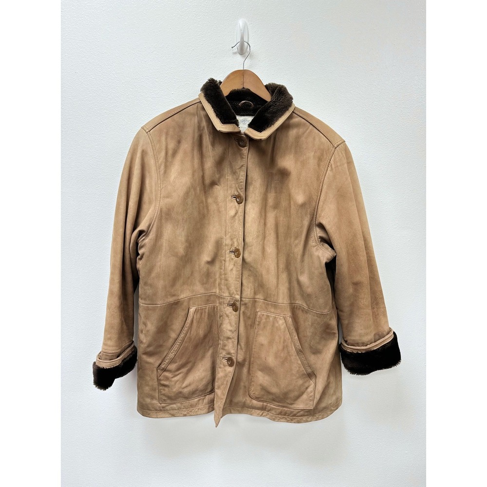 Vintage 90s Nordstrom Town Square Fleece Lined Tan Nubuck Leather Car Coat L